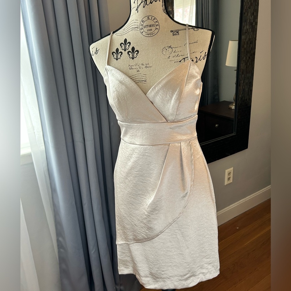 Teeze Me champagne shimmer cocktail mini dress spaghetti straps sweetheart neck